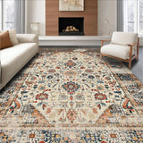 Ultra Soft Area Rug, Non Slip, Stain Resistant, Washable Area Rugs for Living Room, Bedroom, Rustic Soft Toned Bloom Motif(Beige)