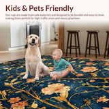 Ultra Soft Area Rug, Non Slip, Stain Resistant, Washable Area Rugs for Living Room, Bedroom, Botanical Essence Rug with Flowing Gold Vines and Watercolor Peach Floral Motifs(Blue)