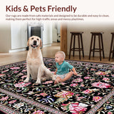 Ultra Soft Area Rug, Non Slip, Stain Resistant, Washable Area Rugs for Living Room, Bedroom, Lush Botanical Scalloped Design(Black)