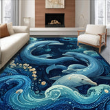 Ultra Soft Area Rug, Non Slip, Stain Resistant, Washable Area Rugs for Living Room, Bedroom, 3D Illusion Nautical with Fluid Octopus Tentacles and Dolphin School(Blue)