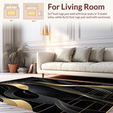 Ultra Soft Area Rug, Non Slip, Stain Resistant, Washable Area Rugs for Living Room, Bedroom, Modern Abstract Area Rug Featuring Black and Gold Geometric Waves(Black)