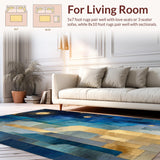 Ultra Soft Area Rug, Non Slip, Stain Resistant, Washable Area Rugs for Living Room, Bedroom, Celestial Fade Rug with Blue Gold Gradients and Polygonal Forms(Blue)