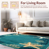 Ultra Soft Area Rug, Non Slip, Stain Resistant, Washable Area Rugs for Living Room, Bedroom, Coastal Serenity Starfish Round Accent Dark Turquoise Mocha Beige(Blue)