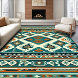 Vibrant Tribal Geometry Rug with Intricate Linear Motifs and Bold Shapes(Turquoise)