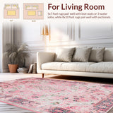 Ultra Soft Area Rug, Non Slip, Stain Resistant, Washable Area Rugs for Living Room, Bedroom, Faded Floral Vintage Elegance(Pink)