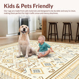 Ultra Soft Area Rug, Non Slip, Stain Resistant, Washable Area Rugs for Living Room, Bedroom, Tan Geometric Border Area Rug with Modern Boho Patterned Design for Home Decor(Ivory)