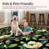 Ultra Soft Area Rug, Non Slip, Stain Resistant, Washable Area Rugs for Living Room, Bedroom, Vibrant Floral Motif on Black(White)