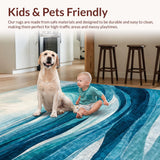 Ultra Soft Area Rug, Non Slip, Stain Resistant, Washable Area Rugs for Living Room, Bedroom, Surfboard Wave Pattern Rug with Swirling Ocean Lines and Sun Motif Design(Blue)