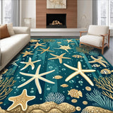 Ultra Soft Area Rug, Non Slip, Stain Resistant, Washable Area Rugs for Living Room, Bedroom, Marine Life Starfish Circular Area Deep Turquoise Earthy Beige(Blue)
