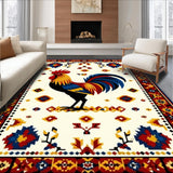 Ultra Soft Area Rug, Non Slip, Stain Resistant, Washable Area Rugs for Living Room, Bedroom, Country Rooster Design Area Slip Resistant Beige Multi Color Folk Art Style(White)