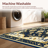 Ultra Soft Area Rug, Non Slip, Stain Resistant, Washable Area Rugs for Living Room, Bedroom, Exquisite Beige Area Featuring Abstract Floral Motifs in Navy Gold(Blue)