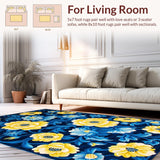 Ultra Soft Area Rug, Non Slip, Stain Resistant, Washable Area Rugs for Living Room, Bedroom, Navy and Yellow Vibrant Botanical Design(Blue)