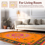 Ultra Soft Area Rug, Non Slip, Stain Resistant, Washable Area Rugs for Living Room, Bedroom, Sunny Whimsical Circular Composition(Orange)