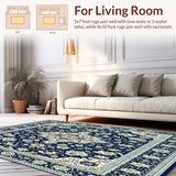 Ultra Soft Area Rug, Non Slip, Stain Resistant, Washable Area Rugs for Living Room, Bedroom, Indigo Hues Area Traditional Medallion Design Ivory Beige(Blue)