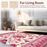 Ultra Soft Area Rug, Non Slip, Stain Resistant, Washable Area Rugs for Living Room, Bedroom, Charming Pink Rustic Blossom Design(White)