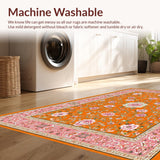 Ultra Soft Area Rug, Non Slip, Stain Resistant, Washable Area Rugs for Living Room, Bedroom, Vibrant Retro Flower Motif(Orange)