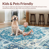 Ultra Soft Area Rug, Non Slip, Stain Resistant, Washable Area Rugs for Living Room, Bedroom, Chic Distressed Teal Geometric Motif(Blue)