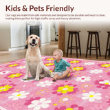 Ultra Soft Area Rug, Non Slip, Stain Resistant, Washable Area Rugs for Living Room, Bedroom, Eclectic Daisy Design Statement(Pink)
