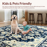 Ultra Soft Area Rug, Non Slip, Stain Resistant, Washable Area Rugs for Living Room, Bedroom, Heirloom Collection Distressed Area with Classic Motifs(Blue)