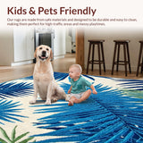 Ultra Soft Area Rug, Non Slip, Stain Resistant, Washable Area Rugs for Living Room, Bedroom, Tropical Oasis Area Rug Vibrant Blue & Ecru Fern Frond Mat(Blue)