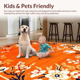 Ultra Soft Area Rug, Non Slip, Stain Resistant, Washable Area Rugs for Living Room, Bedroom, Eclectic Whimsical Garden Design(Orange)