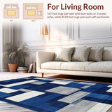 Ultra Soft Area Rug, Non Slip, Stain Resistant, Washable Area Rugs for Living Room, Bedroom, Artistic Square Grid Arrangement(Blue)