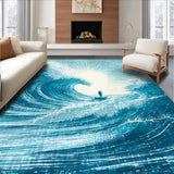 Ultra Soft Area Rug, Non Slip, Stain Resistant, Washable Area Rugs for Living Room, Bedroom, Surfboard Silhouette Wave Crest Rug With Ocean Swirl Motif And Sunburst Accents(Blue)