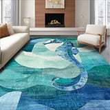 Ultra Soft Area Rug, Non Slip, Stain Resistant, Washable Area Rugs for Living Room, Bedroom, Seahorse Motif Rug with Oceanic Teal and Blue Hues and Contemporary Wave Design(Blue)