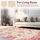Ultra Soft Area Rug, Non Slip, Stain Resistant, Washable Area Rugs for Living Room, Bedroom, Serene Cream Pink Garden Theme(White)