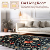 Ultra Soft Area Rug, Non Slip, Stain Resistant, Washable Area Rugs for Living Room, Bedroom, Chic Rustic Floral Accents(Black)