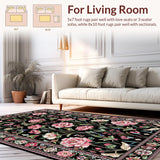 Ultra Soft Area Rug, Non Slip, Stain Resistant, Washable Area Rugs for Living Room, Bedroom, Enchanting Floral Insect Motif(Black)