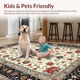 Ultra Soft Area Rug, Non Slip, Stain Resistant, Washable Area Rugs for Living Room, Bedroom, Opulent Red Accented Medallion Artistry(Ivory)