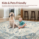 Ultra Soft Area Rug, Non Slip, Stain Resistant, Washable Area Rugs for Living Room, Bedroom, Chic Light Grey Floral Motif(Blue)