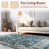 Ultra Soft Area Rug, Non Slip, Stain Resistant, Washable Area Rugs for Living Room, Bedroom, Retro Ornamental Area Showcasing Faded Blue and Taupe Decorative Filigree(Blue)