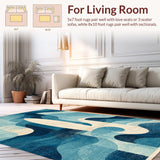 Ultra Soft Area Rug, Non Slip, Stain Resistant, Washable Area Rugs for Living Room, Bedroom, Surfboard Silhouette Rug with Oceanic Motifs and Contrasting Stripes(Blue)