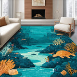Ultra Soft Area Rug, Non Slip, Stain Resistant, Washable Area Rugs for Living Room, Bedroom, Coastal Seascape Lightweight Rug With Turtle Sanctuary And Coral Design(Blue)