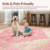 Ultra Soft Area Rug, Non Slip, Stain Resistant, Washable Area Rugs for Living Room, Bedroom, Delicate Tiled Vintage Influence(Pink)