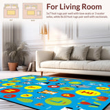 Ultra Soft Area Rug, Non Slip, Stain Resistant, Washable Area Rugs for Living Room, Bedroom, Cheerful Blue Animal Alphabet Art(White)