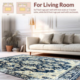 Ultra Soft Area Rug, Non Slip, Stain Resistant, Washable Area Rugs for Living Room, Bedroom, Heirloom Collection Distressed Area with Classic Motifs(Blue)