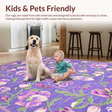 Ultra Soft Area Rug, Non Slip, Stain Resistant, Washable Area Rugs for Living Room, Bedroom, Pastel Spring Garden Motif Design(Purple)