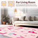 Ultra Soft Area Rug, Non Slip, Stain Resistant, Washable Area Rugs for Living Room, Bedroom, Bright Playful Round Letter Design(Pink)