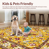 Ultra Soft Area Rug, Non Slip, Stain Resistant, Washable Area Rugs for Living Room, Bedroom, Radiant Earthy Tones with Blooms(Gold)