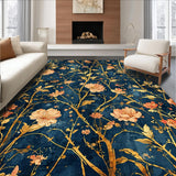 Ultra Soft Area Rug, Non Slip, Stain Resistant, Washable Area Rugs for Living Room, Bedroom, Botanical Essence Rug with Flowing Gold Vines and Watercolor Peach Floral Motifs(Blue)