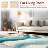 Ultra Soft Area Rug, Non Slip, Stain Resistant, Washable Area Rugs for Living Room, Bedroom, Abstract Ocean Swirl Pattern with Nautical Shell Accents(Blue)