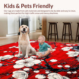 Ultra Soft Area Rug, Non Slip, Stain Resistant, Washable Area Rugs for Living Room, Bedroom, Charming Red and White Blossom Style(Red)