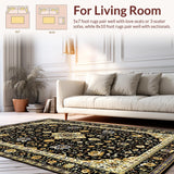 Ultra Soft Area Rug, Non Slip, Stain Resistant, Washable Area Rugs for Living Room, Bedroom, Artistic Cream and Gold Motif(Black)