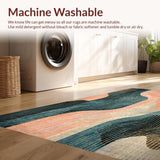 Ultra Soft Area Rug, Non Slip, Stain Resistant, Washable Area Rugs for Living Room, Bedroom, Minimalist Lightweight Rug Showcasing Peach Waves and Gold Geometric Forms(Blue)