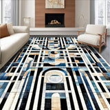 Ultra Soft Area Rug, Non Slip, Stain Resistant, Washable Area Rugs for Living Room, Bedroom, Art Deco Echo Rug: Black and White Linear Design(Blue)
