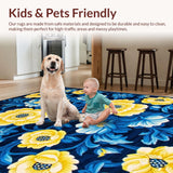 Ultra Soft Area Rug, Non Slip, Stain Resistant, Washable Area Rugs for Living Room, Bedroom, Navy and Yellow Vibrant Botanical Design(Blue)