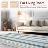 Ultra Soft Area Rug, Non Slip, Stain Resistant, Washable Area Rugs for Living Room, Bedroom, Farmhouse Braid Blue Beige Stripe Motif Rustic Woven(Blue)